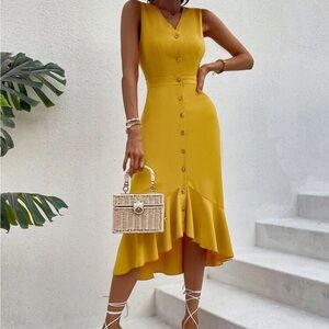 Mustard yellow Button-Front sleeveless Midi Dress